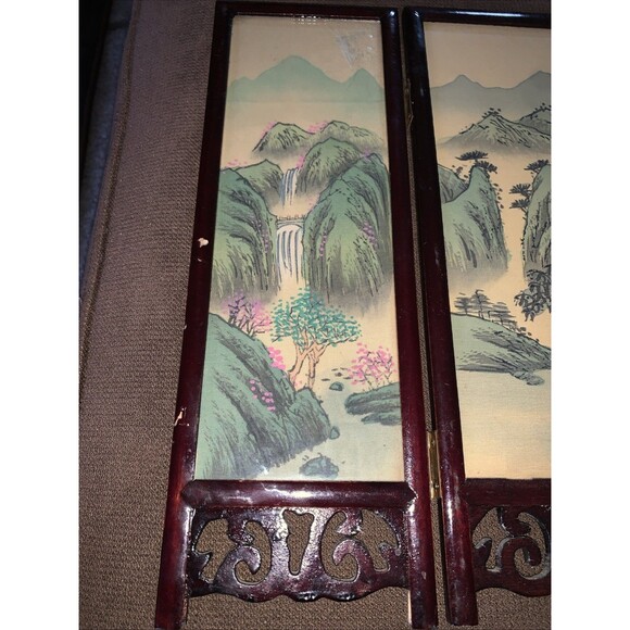 Hand Painted Dual Scene Mini Chinese  Four Panel Silk Screen 12H x 4W” X 4Panels - Picture 5 of 14